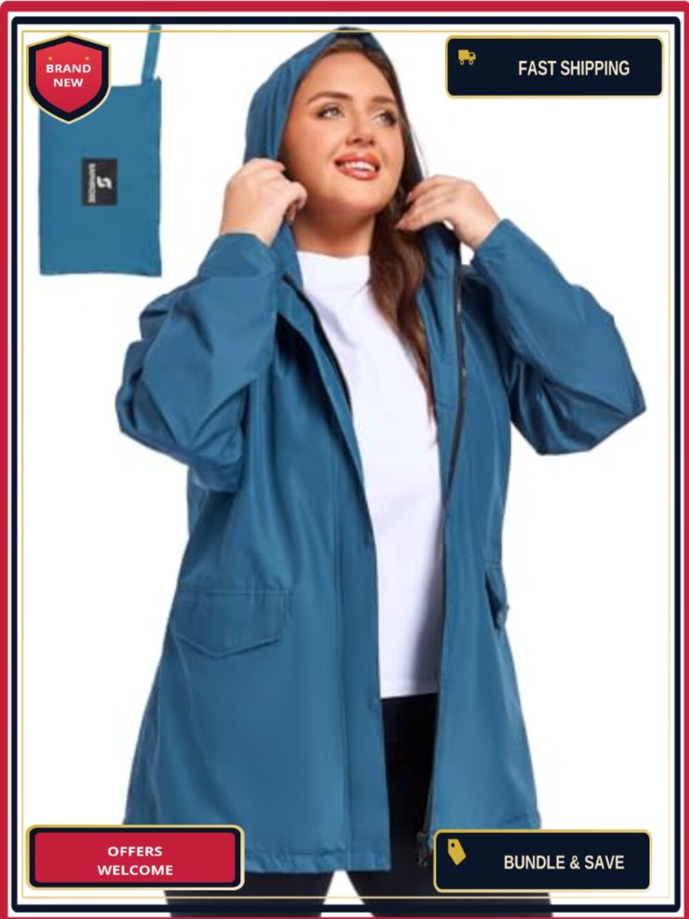 Plus Size Waterproof Rain Jacket Lightweight Packable with Hood